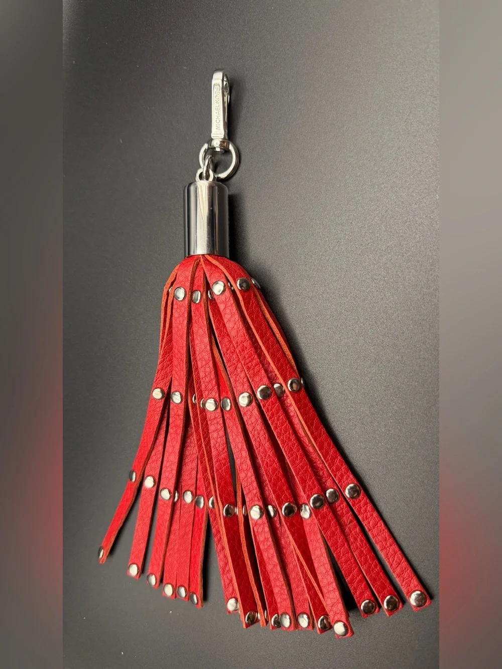 Michael Kors Red Leather Tassel Keychain with Silver Hardware